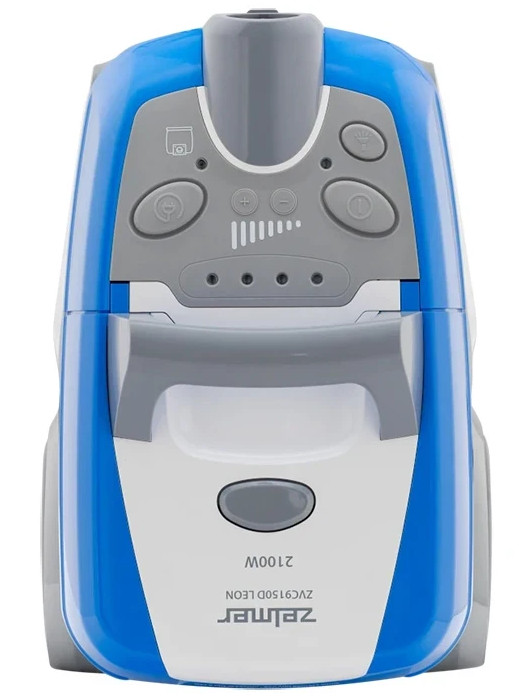 Widok z góry na niebiesko-biały odkurzacz. Ma przyciski i uchwyt. Widoczna jest nazwa marki.