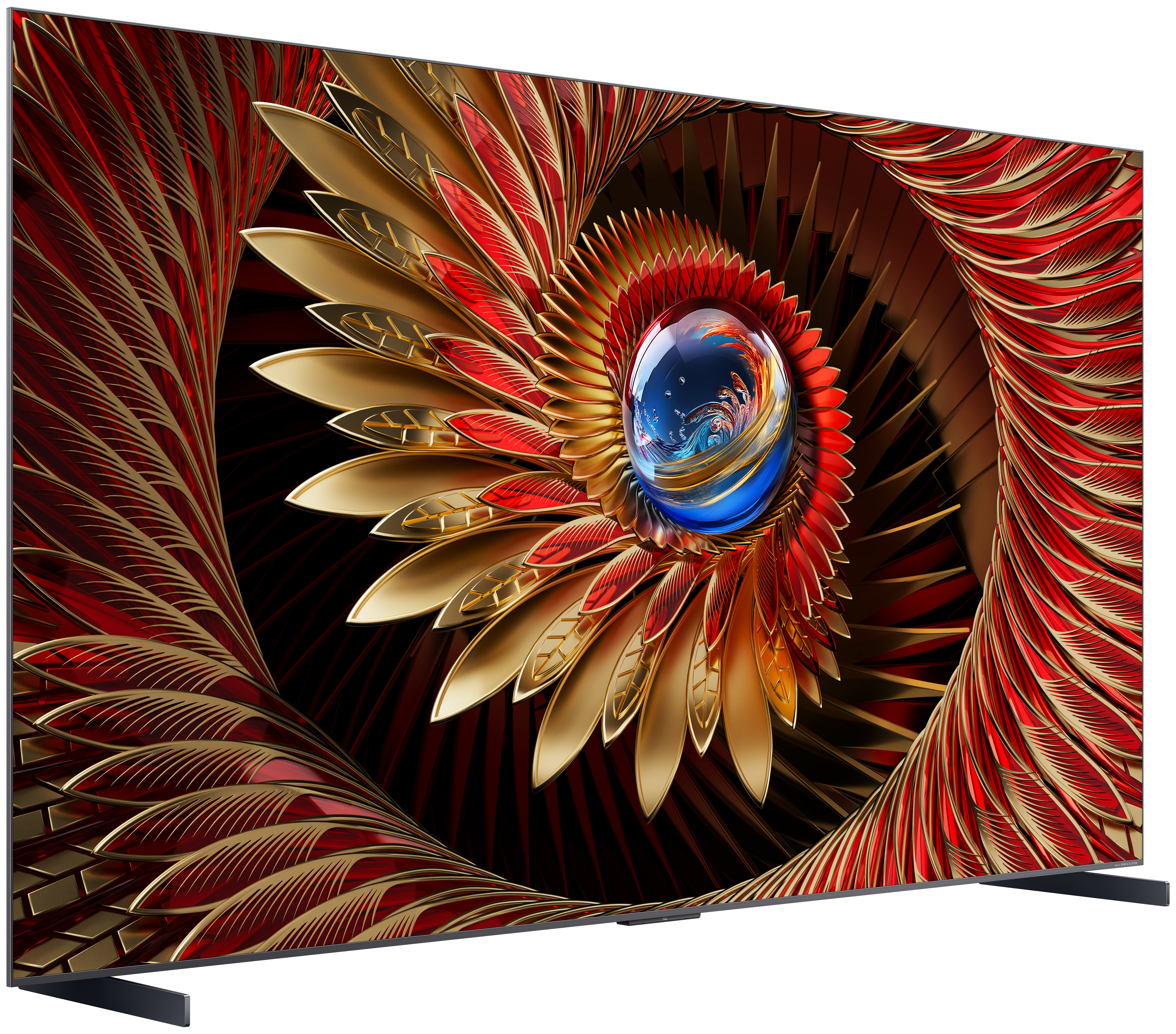 Ein großer Fernseher zeigt ein abstraktes Design aus Gold, Rot und Blau. Das Design ähnelt einer Spirale mit einer zentralen Kugel.