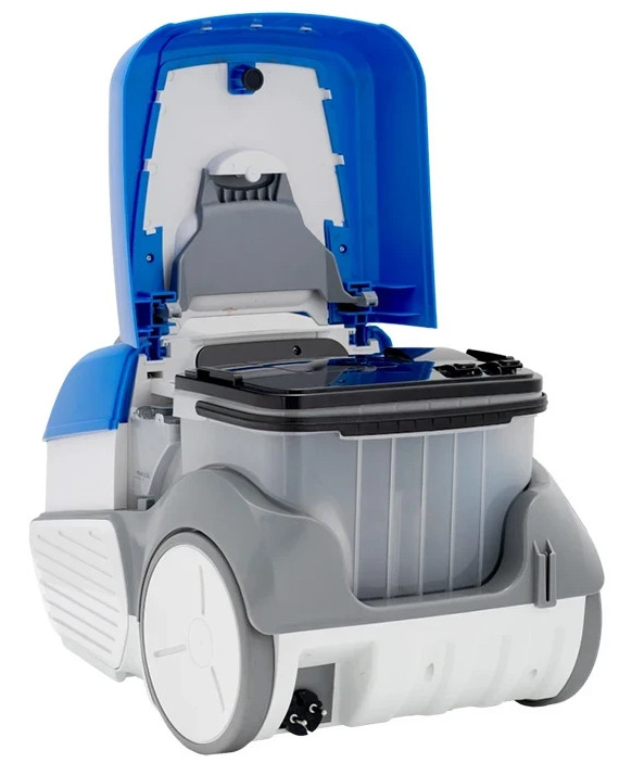 Odkurzacz z otwartą górą, ukazujący elementy wewnętrzne. Jest niebieski, biały i szary.