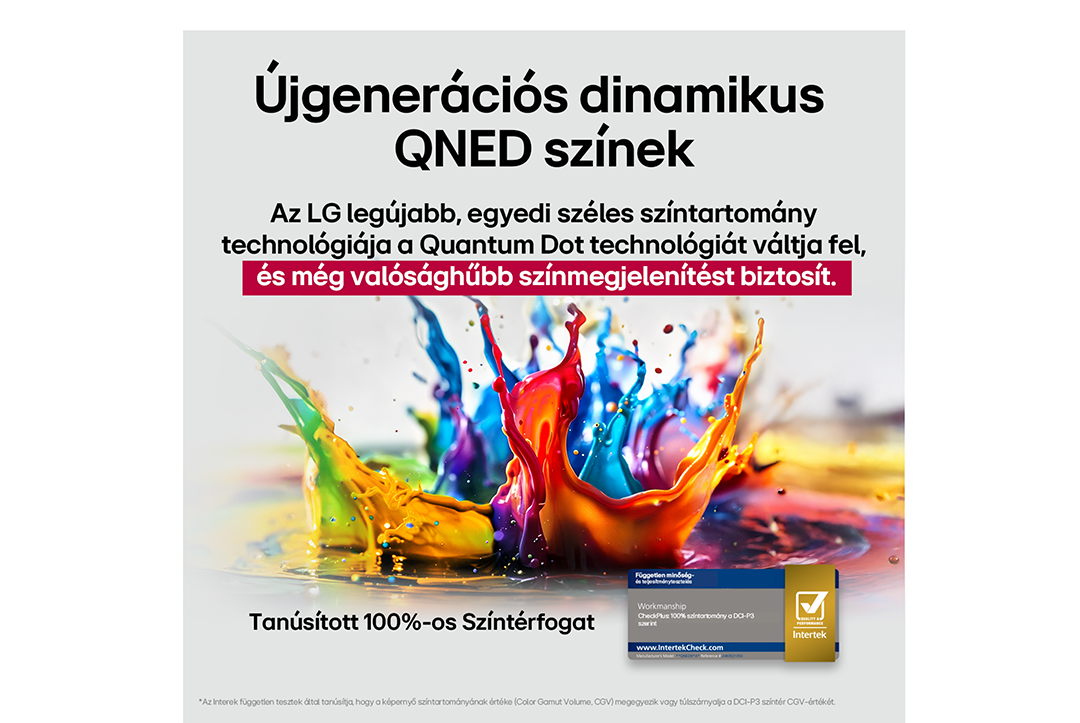 A kép egy színes folyadékfröccsenést mutat QNED színekről szóló magyar nyelvű szöveggel.