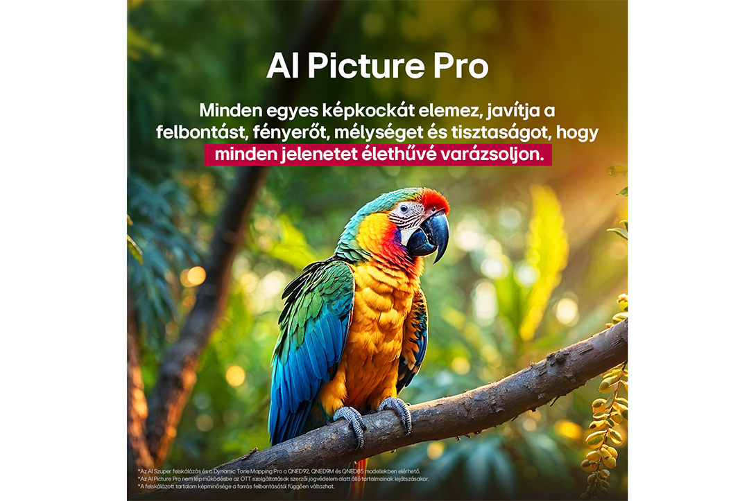 Egy színes papagáj ül egy ágon. Magyar nyelvű szöveg az AI Picture Pro technológiáról.