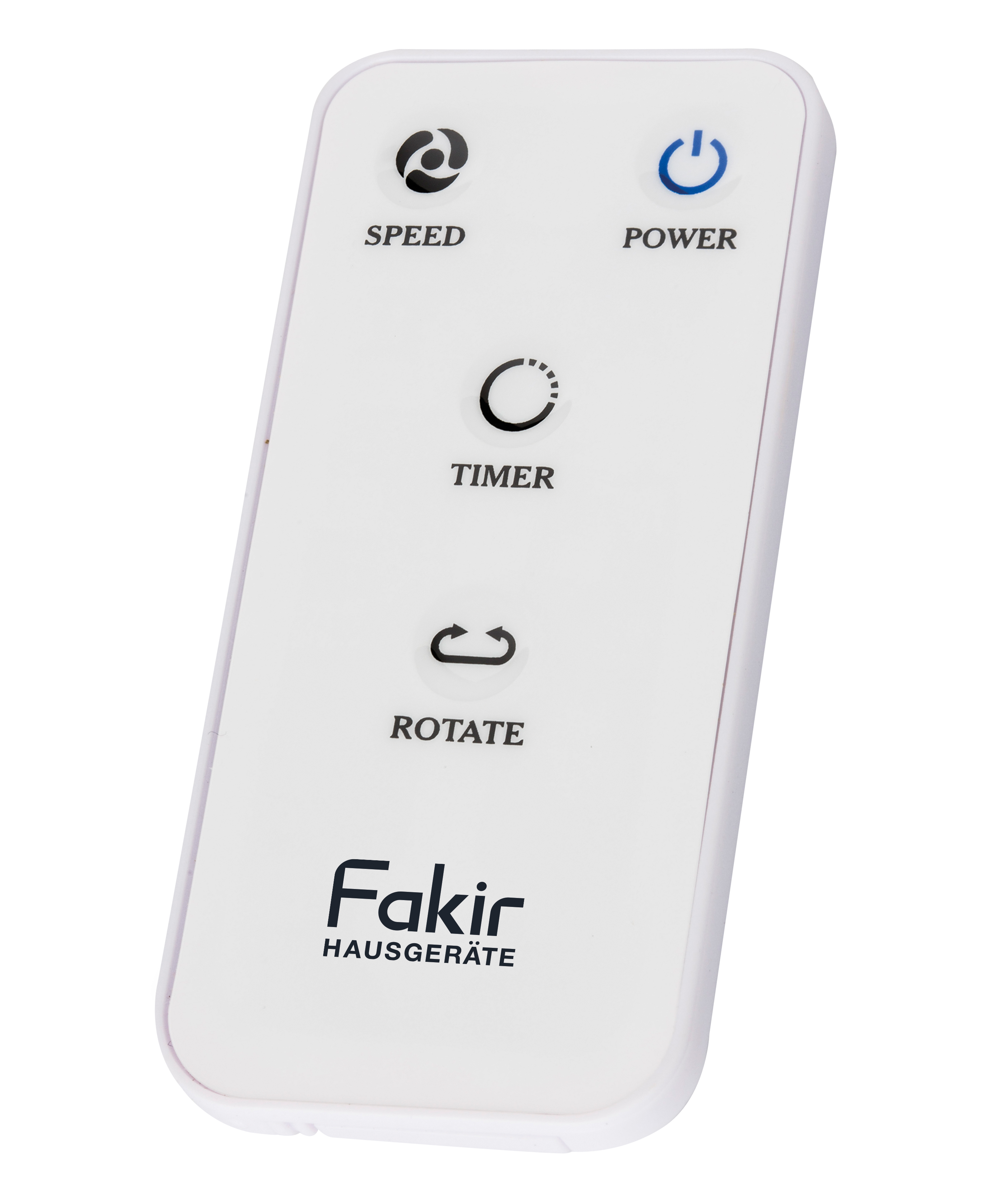 Hız, Güç, Zamanlayıcı ve Döndürme etiketli düğmelerle beyaz uzaktan kumanda. Fakir logosu.