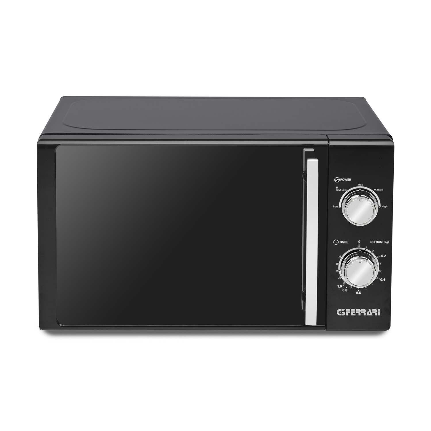 Forno a microonde nero con pannello di controllo e porta chiusa, su sfondo bianco.