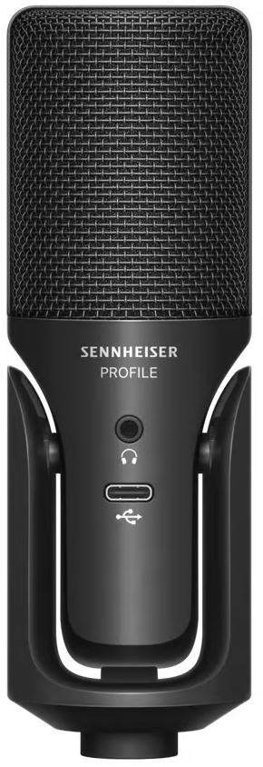 Fekete Sennheiser Profile mikrofon USB és fejhallgató portokkal, álló helyzetben.