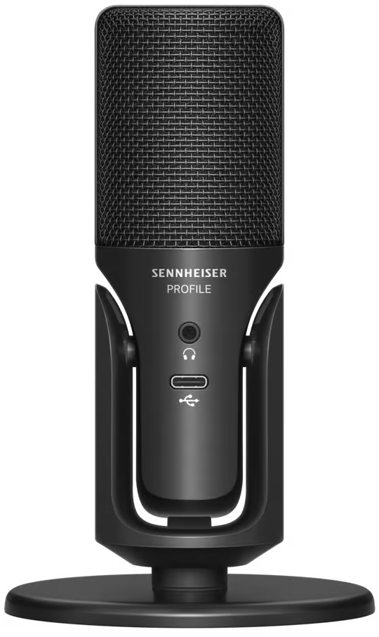 Fekete Sennheiser Profile mikrofon állványon, USB és fejhallgató portokkal.