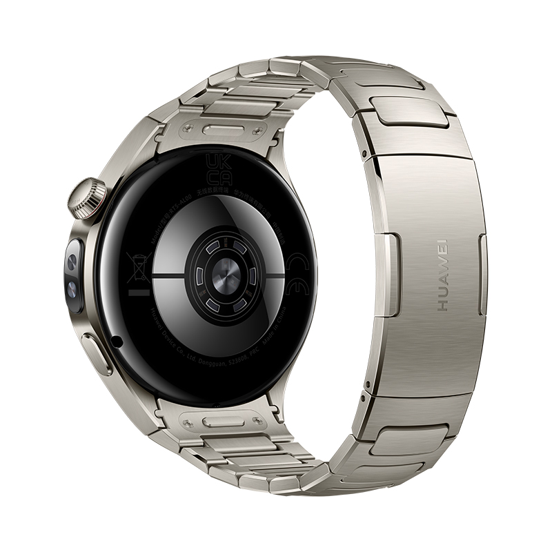 Reloj Huawei plateado. La parte trasera muestra el modelo y otra información. La correa es plateada y metálica.