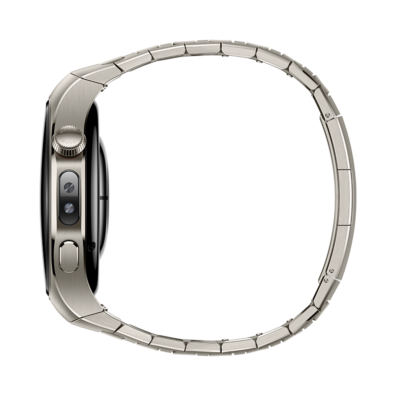 Vista lateral de un reloj Huawei plateado con una correa metálica. El reloj está sobre un fondo blanco.