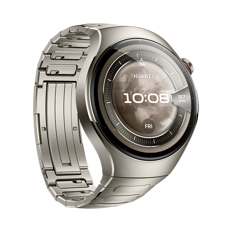 Reloj Huawei, vista lateral. Muestra la esfera del reloj con la hora, la fecha y la frecuencia cardíaca. Correa metálica.