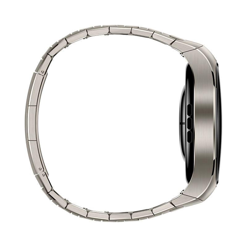 Vista lateral de un reloj Huawei plateado con correa metálica. Muestra la esfera del reloj y la correa.