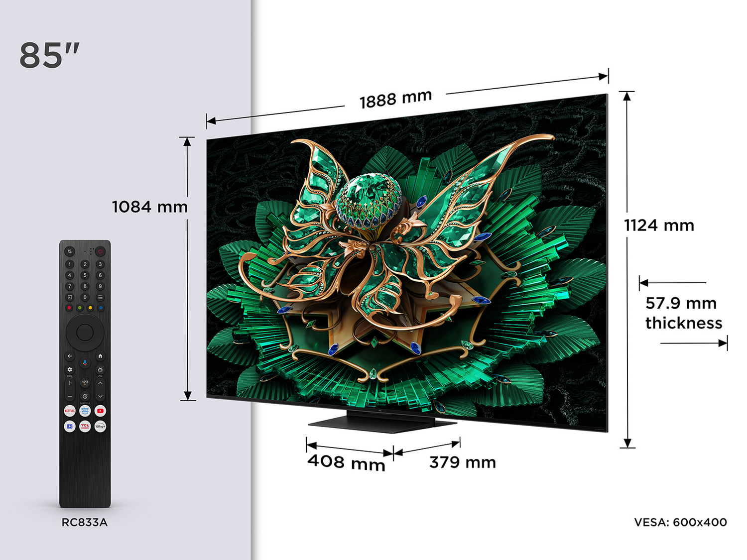 TV 85" con dimensiones y mando a distancia. VESA: 600x400, grosor 57.9 mm.