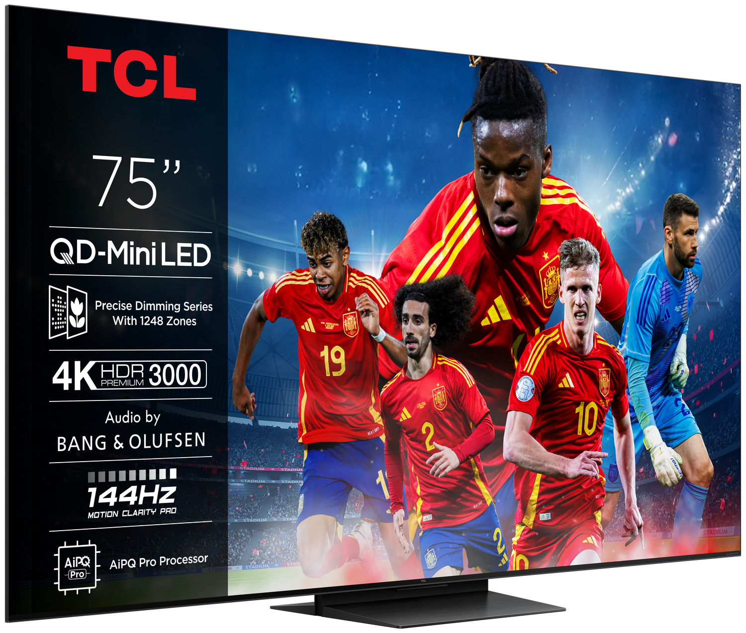 TV TCL de 75" mostrando un partido de fútbol con jugadores con uniformes rojos y amarillos, con sus características.