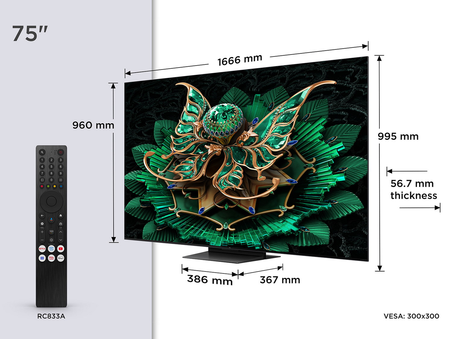 TV de 75" junto a un mando a distancia. Se muestran las dimensiones, con una pantalla floral verde en la pantalla.