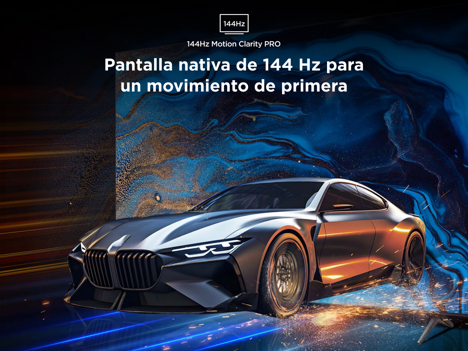 Un coche con efecto de claridad de movimiento en la pantalla del televisor. La pantalla está etiquetada con 144Hz.