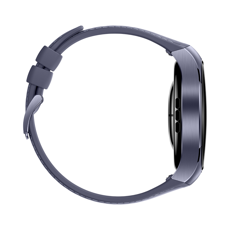 Vista lateral de un reloj inteligente azul con correa azul. El reloj está sobre un fondo blanco.