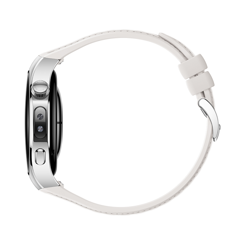 Vista lateral de un reloj inteligente plateado con correa blanca. El reloj está sobre un fondo blanco.
