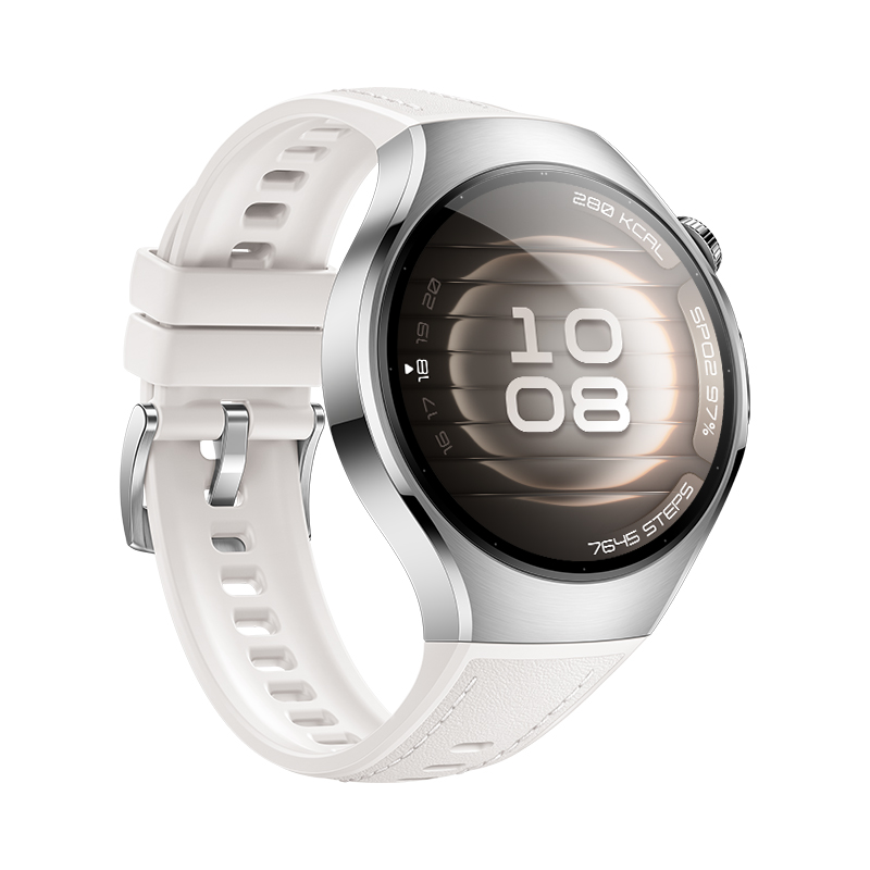 Smartwatch blanca con esfera redonda, muestra la hora. Correa blanca adjunta. Bisel plateado. Aislada sobre fondo blanco.
