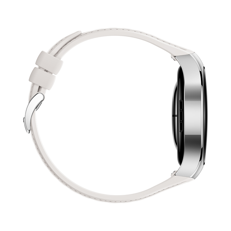 Vista lateral de un smartwatch blanco con correa blanca. El reloj es plateado con pantalla negra.