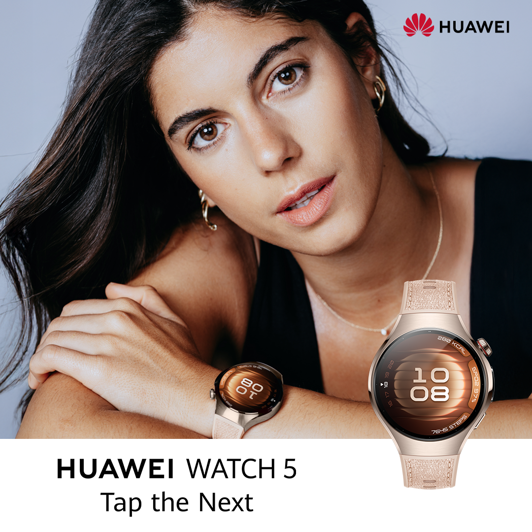 Mujer con reloj dorado. Dos relojes mostrados: uno en la muñeca, otro con la hora mostrada. Texto: Huawei Watch 5.