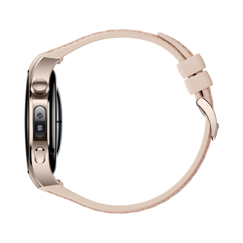 Vista lateral del reloj inteligente oro rosa con correa rosa. Cuerpo dorado y correa rosa. Fondo blanco.
