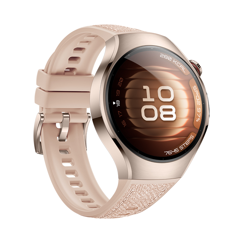 Reloj inteligente oro rosa, vista frontal, con correa rosa. Pantalla muestra hora y estadísticas. Fondo blanco.