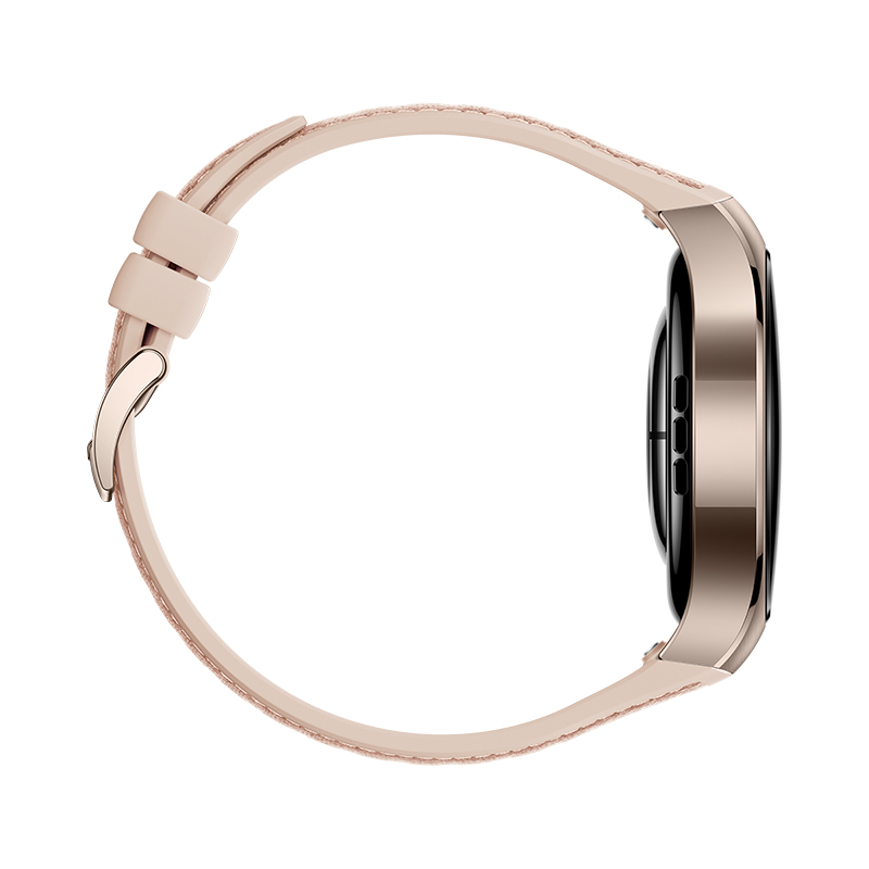 Reloj inteligente oro rosa, vista lateral con correa rosa. Cuerpo dorado, correa rosa. Fondo blanco.