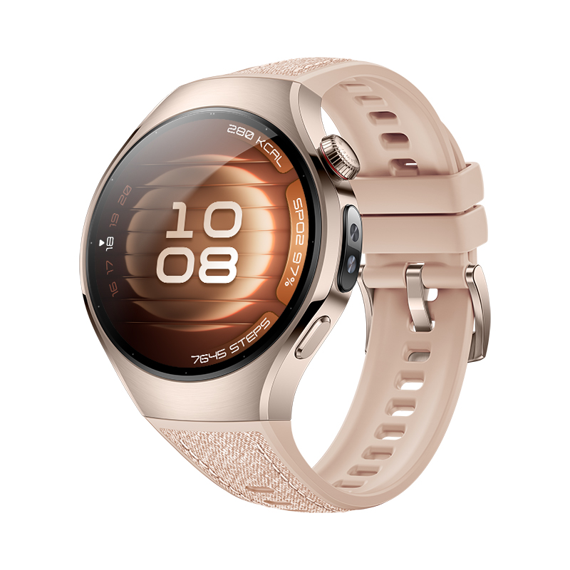 Reloj inteligente oro rosa, vista frontal, con correa rosa. La pantalla muestra la hora y los datos. Fondo blanco.