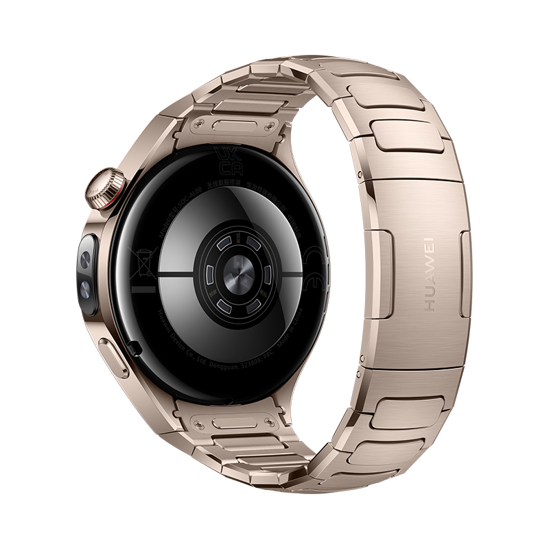 Vista trasera del smartwatch dorado con correa metálica. Logotipo de Huawei. Fondo blanco, detalles de la parte trasera.