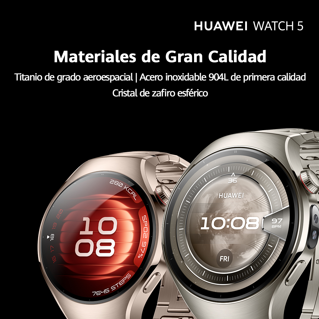 Primer plano de dos relojes inteligentes dorados, con texto sobre materiales.