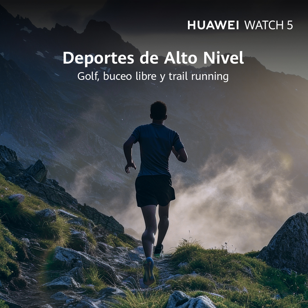 Hombre corriendo en un sendero de montaña, con texto sobre deportes y un reloj inteligente.