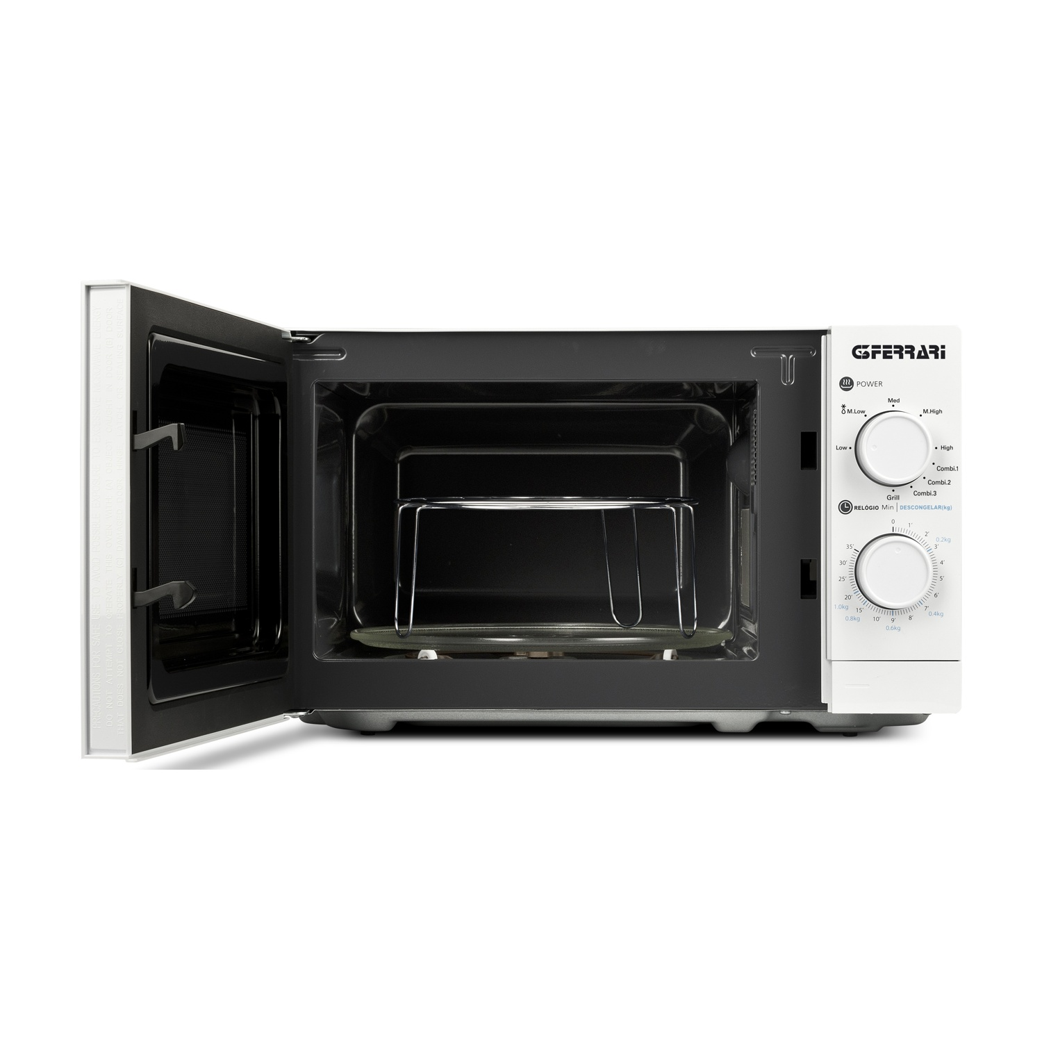 Microonde bianco aperto. Interno nero, vassoio in vetro. Sfondo bianco.