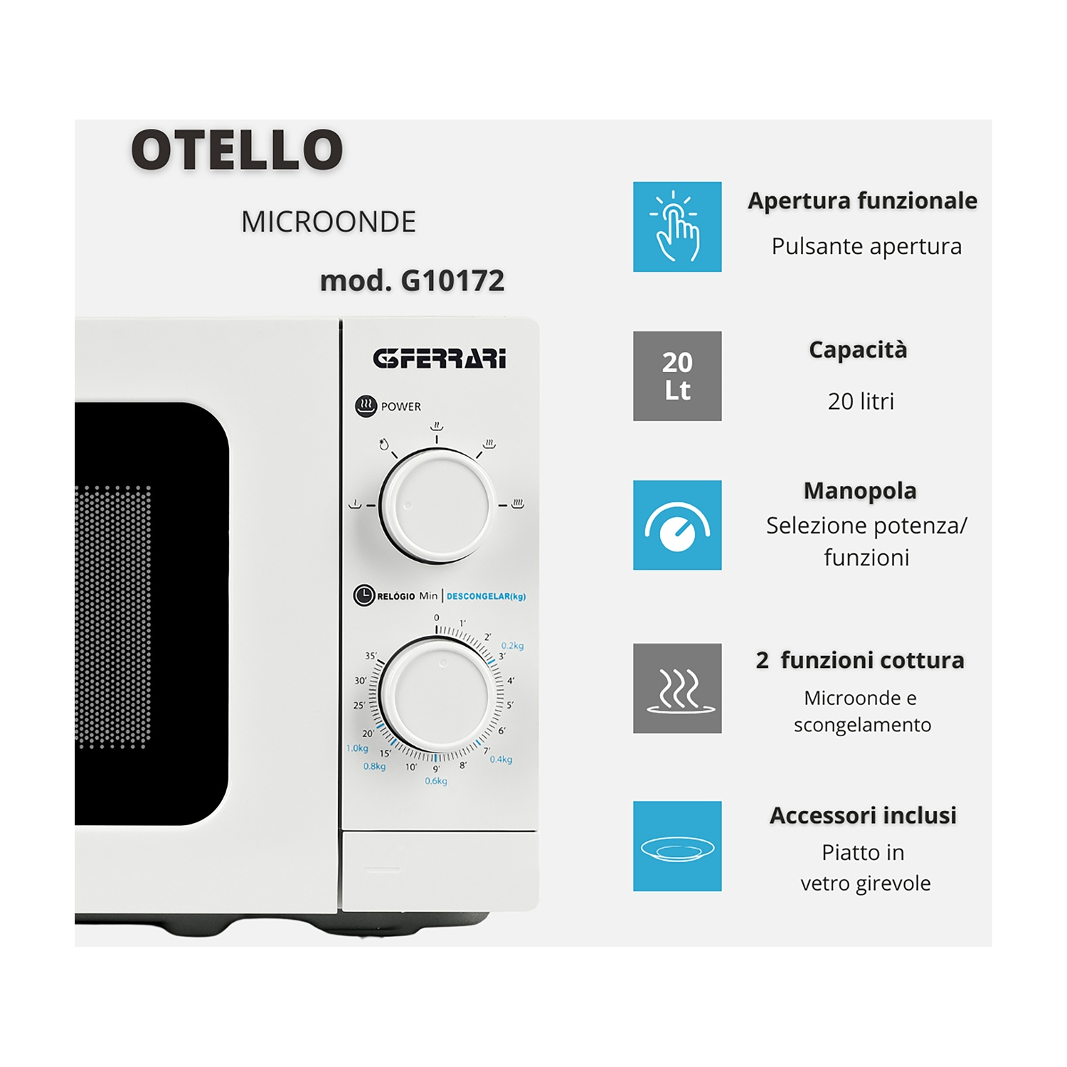 Microonde bianco con pannello di controllo. Testo e icone dettagli le caratteristiche. Sfondo bianco.