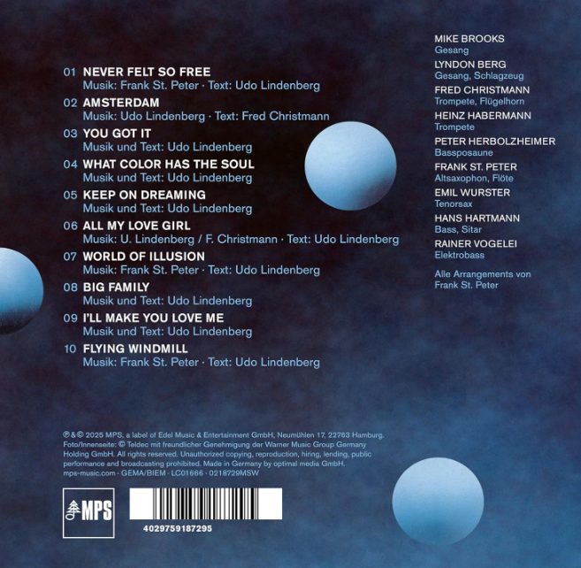 Albumcover mit Songliste und Credits, blau-weißes Farbschema.