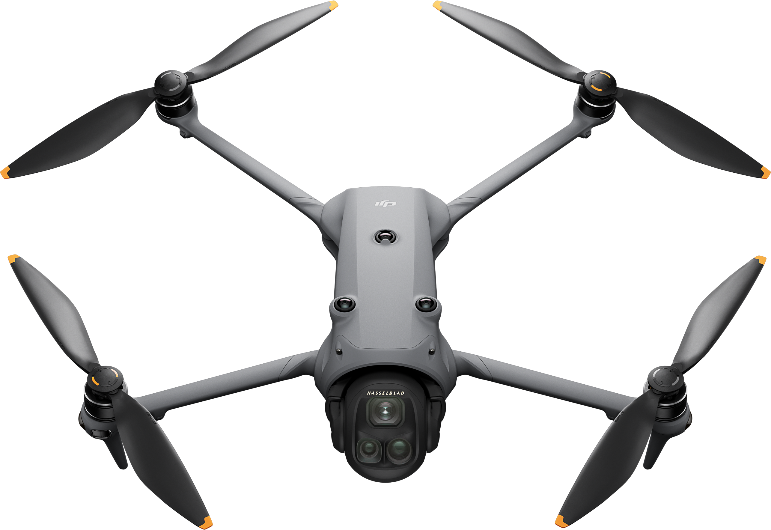Graue Drohne mit schwarzen Propellern und Kamera, auf schwarzem Hintergrund.