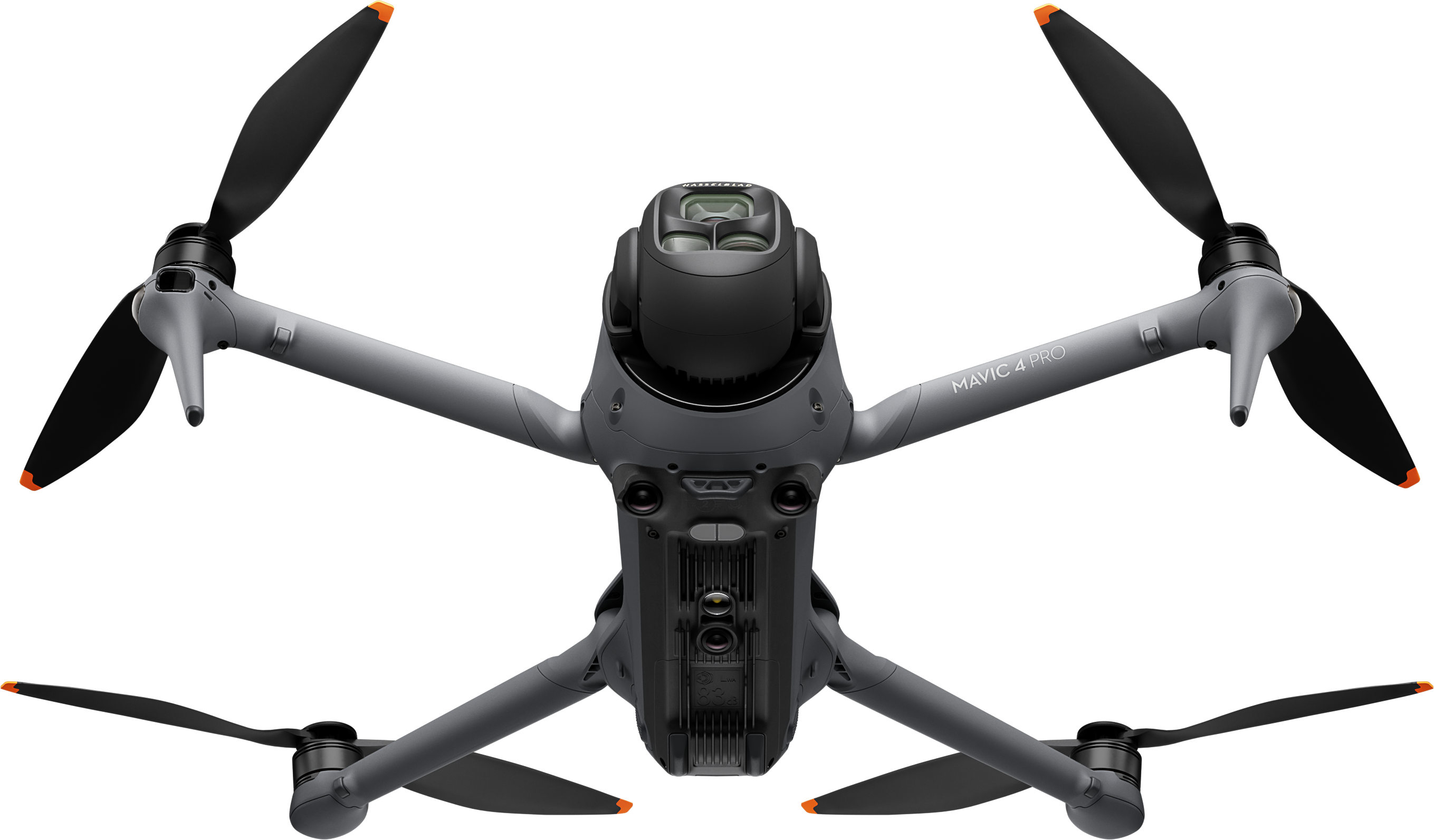 Drohne, grau mit vier schwarzen Propellern, DJI-Logo. Draufsicht, Kamera nach vorne, auf schwarzem Hintergrund.