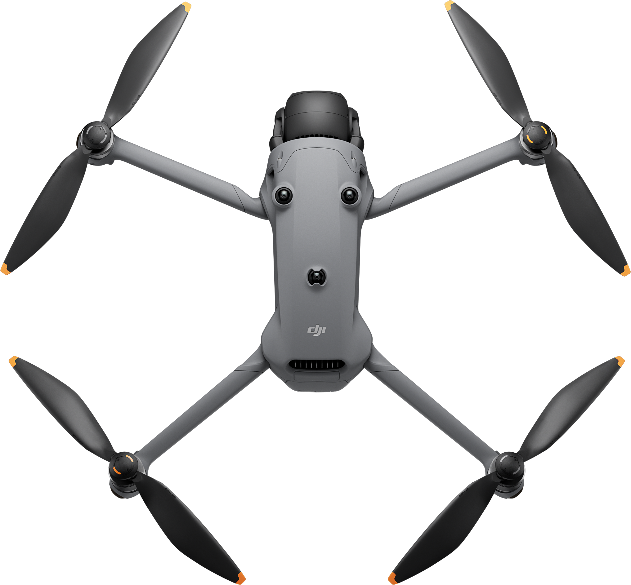 Drohne, grauer Körper, vier schwarze Propeller, DJI-Logo. Frontansicht, Kamera nach unten, schwarzer Hintergrund.
