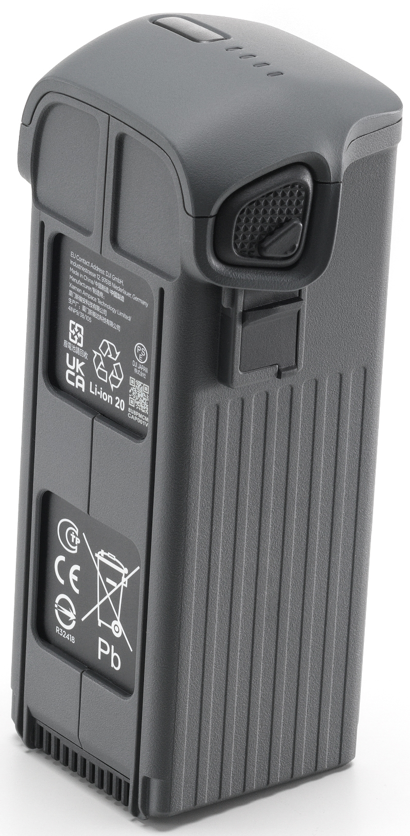 Batteria grigia, ventilazione nera, testo bianco, etichette nere, vista angolata, sfondo nero.