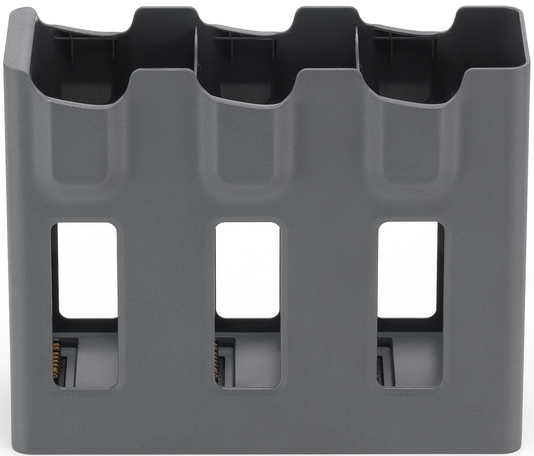 Hub de charge gris avec trois emplacements, fond noir, trois trous rectangulaires visibles.
