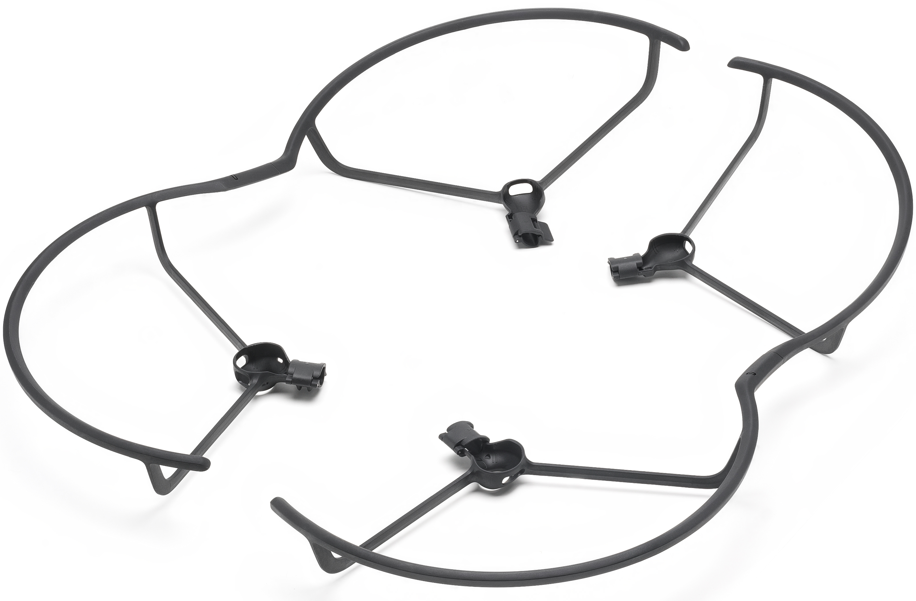 Protezioni per eliche di droni su bianco. Quattro protezioni nere a semicerchio con clip.