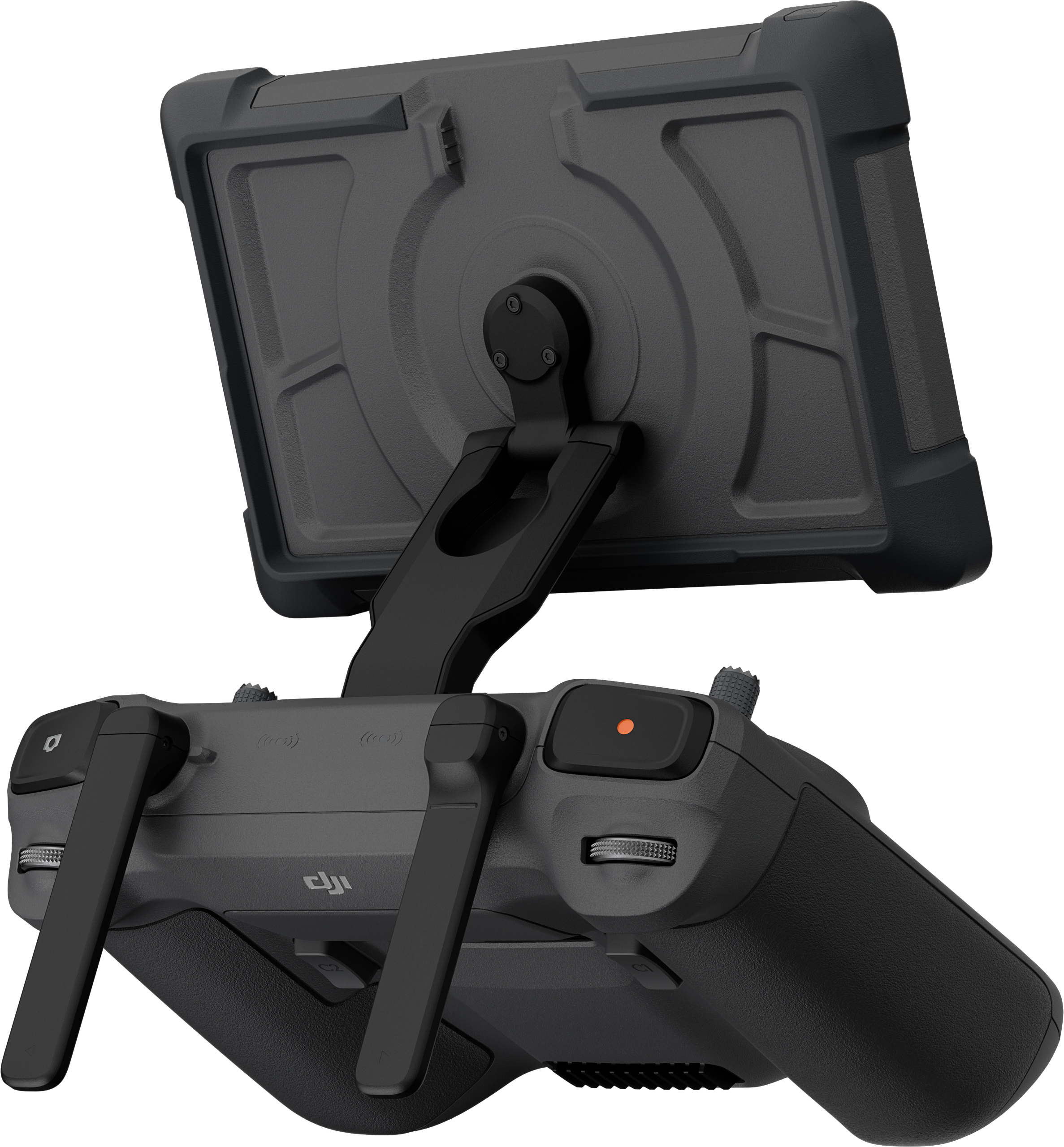 Télécommande de drone. Manette grise, vue de dessus. Affiche des boutons. Support de tablette à l'arrière.