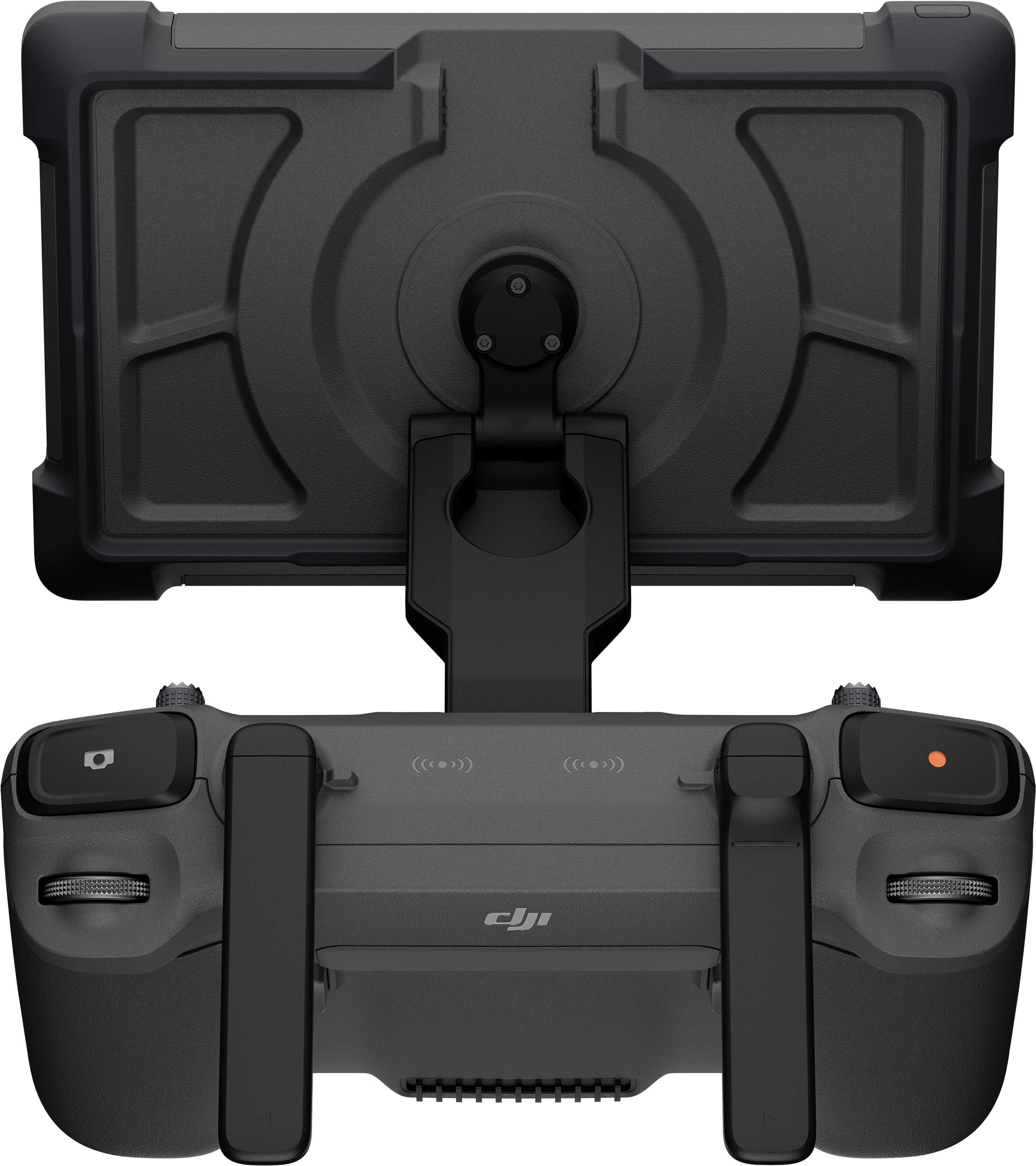 Télécommande de drone noire avec support d'écran, boutons et molettes, sur fond noir.