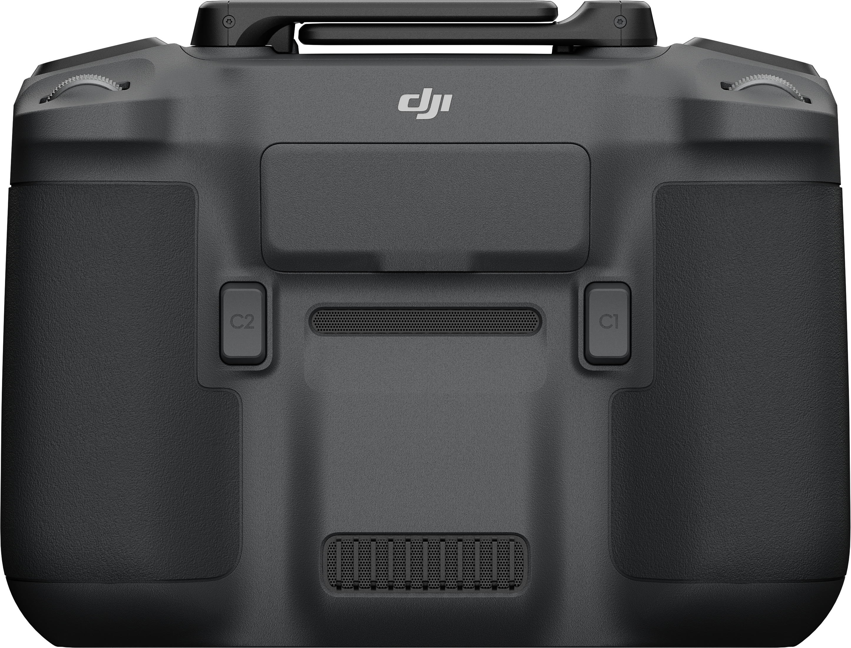 Dos de la télécommande de drone noire avec boutons et grille de haut-parleur, et logo DJI.