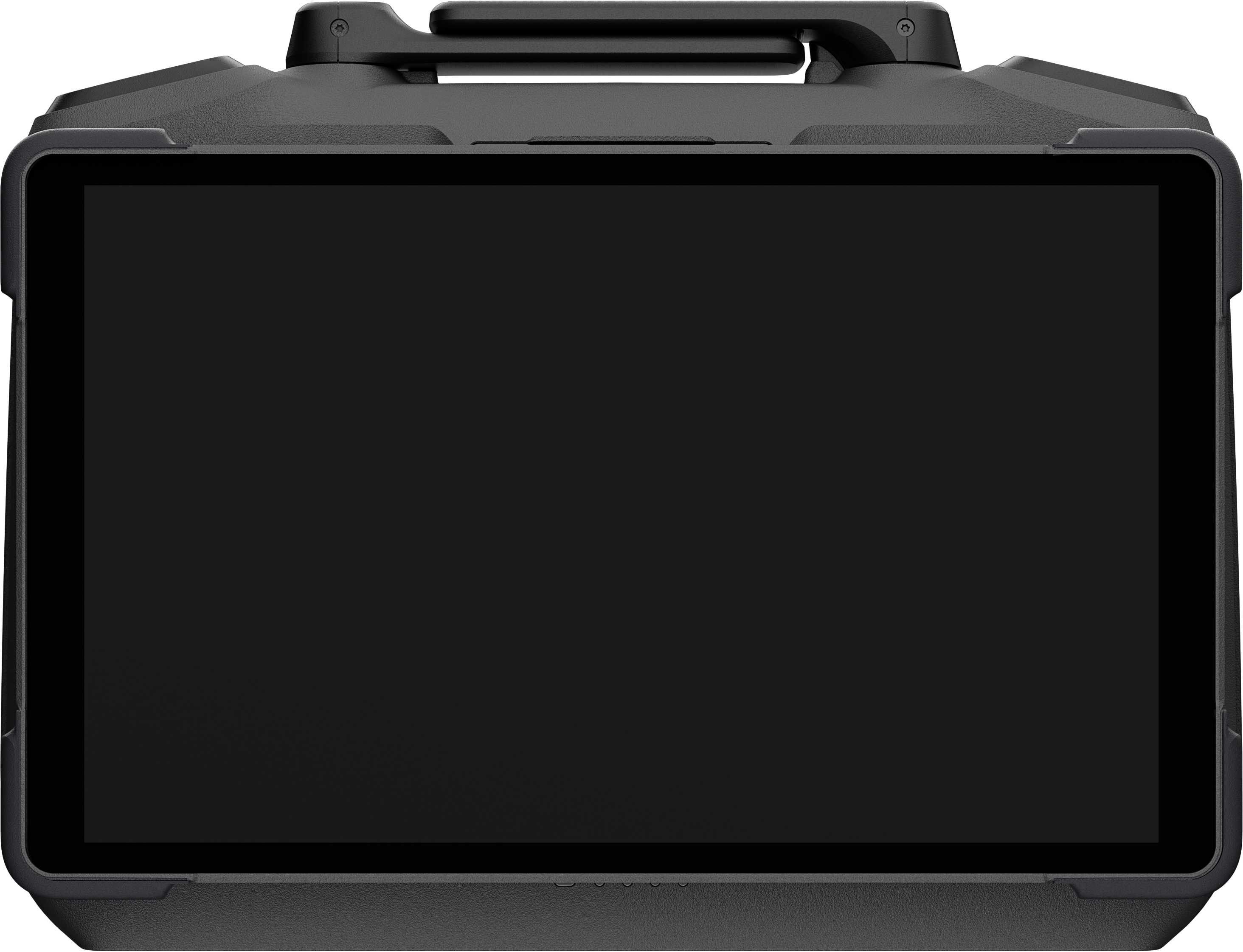 Écran noir d'une télécommande de drone, monté sur un support noir, sur fond noir.