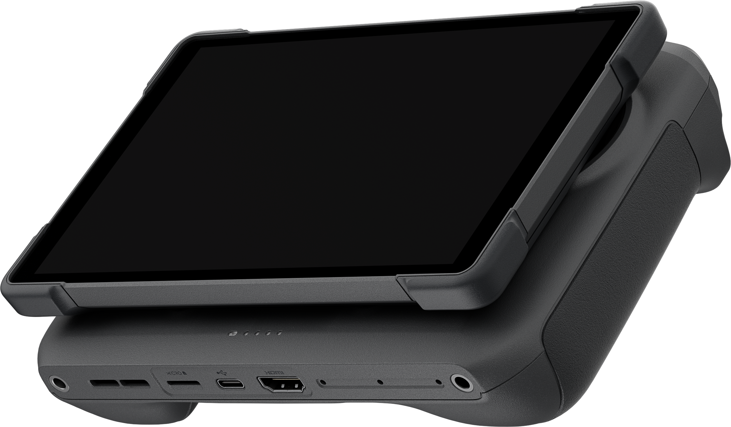 Télécommande de drone avec un écran noir, montée sur un support noir, sur fond noir.