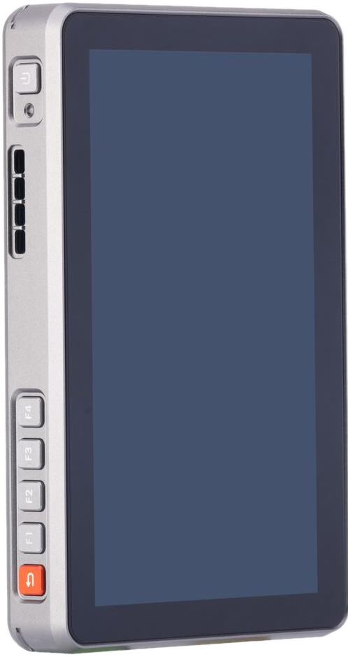 Gros plan d'un moniteur vidéo argenté avec un écran bleu foncé. Le côté avec les boutons est visible.