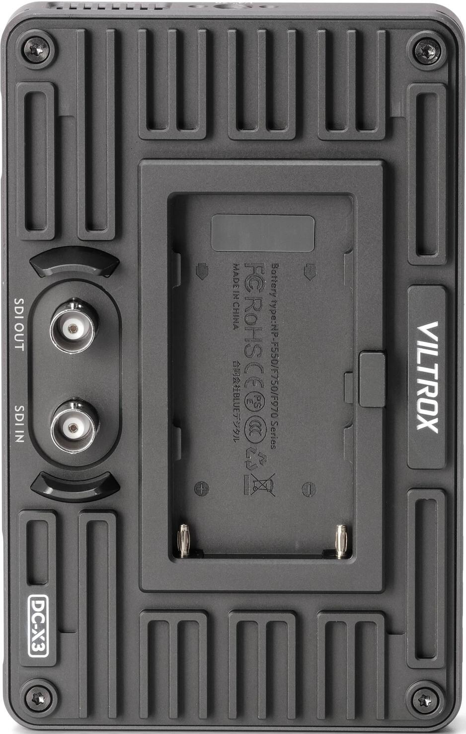 Un appareil Viltrox gris avec ports SDI et support de batterie, design métallique et logo VILTROX. Il a des vis.