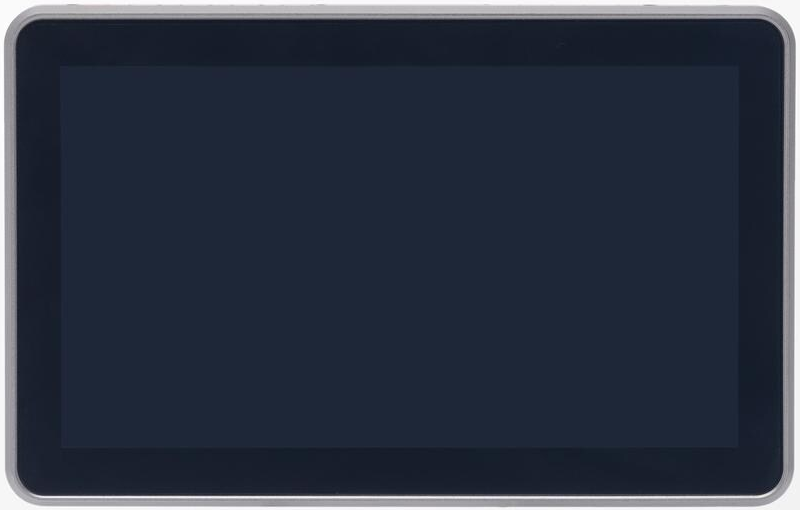 Un moniteur gris avec un écran sombre. Le moniteur est rectangulaire avec des coins arrondis.