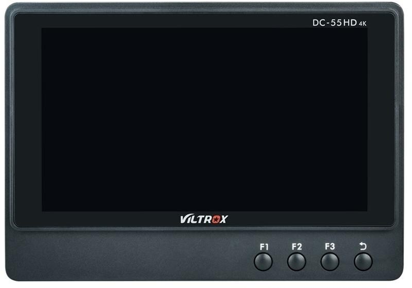 Moniteur Viltrox DC-55HD 4K noir. Écran éteint. Boutons F1, F2, F3 et une flèche retour visibles.