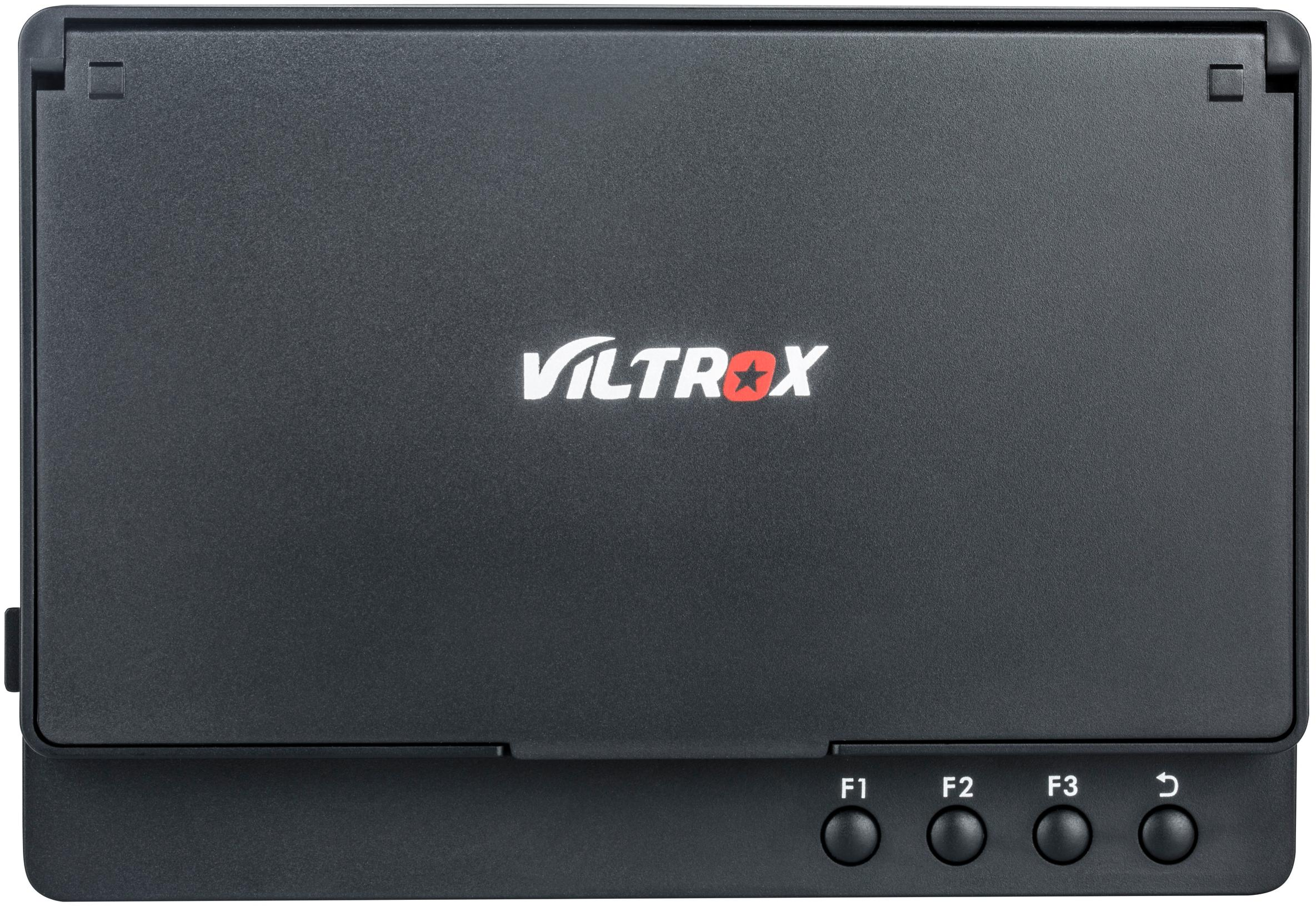 Dos du moniteur Viltrox noir. Logo Viltrox sur le couvercle. Boutons F1, F2, F3 visibles.