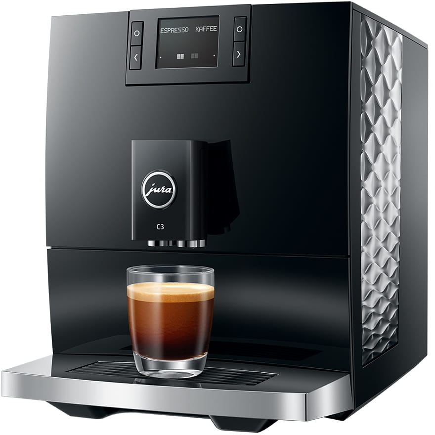 Macchina per espresso Jura C3 nera con un bicchiere di caffè. Il display mostra Espresso & Kaffee.