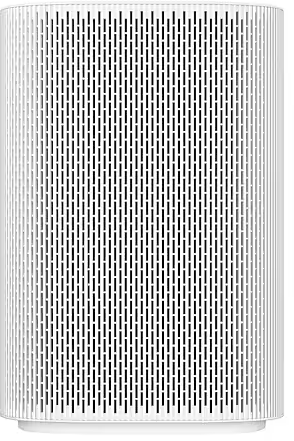 Purificatore d'aria bianco, forma cilindrica con strisce verticali bianche e nere.